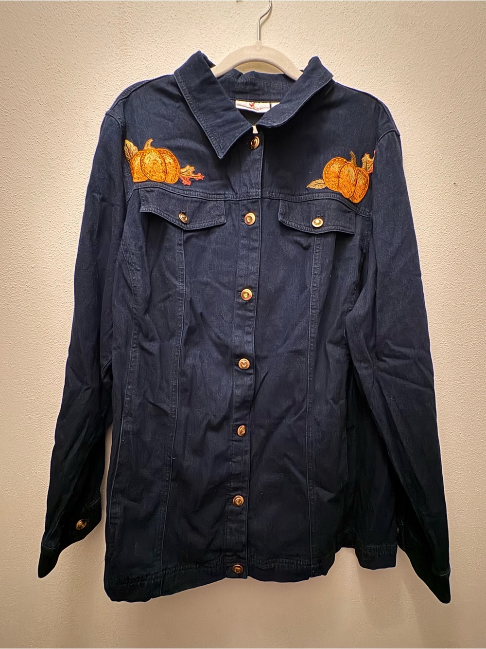 Navy Button-Front Shirt Jacket with Pumpkin Embroidery